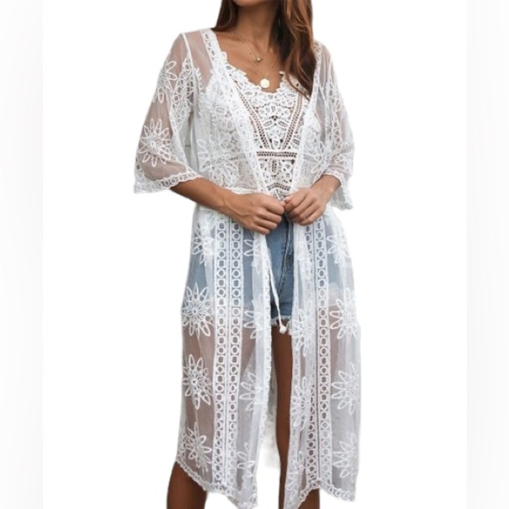 C+D+M Collection White Lace Embroidered Sheer Kimono